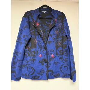 Vibrant Blue Black Floral Alpaca Knit Jacket Made in Peru